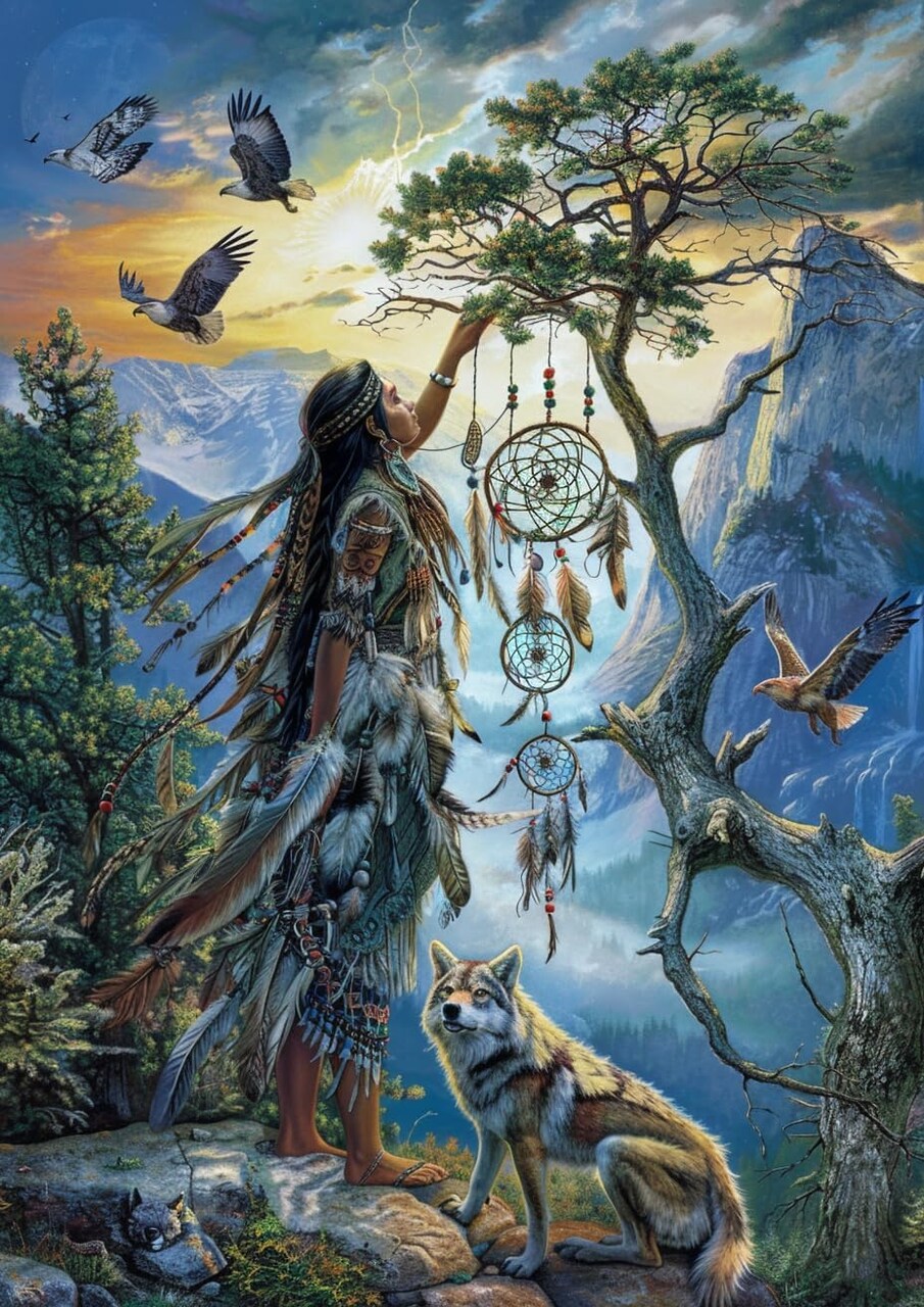 Native Indian Woman Dream Catch Tree Wolf DIY 5D Diamond Painting Kits for Adults Easy for Beginner Round Full Drill Diamond Art Painting Mosaic Craft for Home Decor 12x16inch(4)